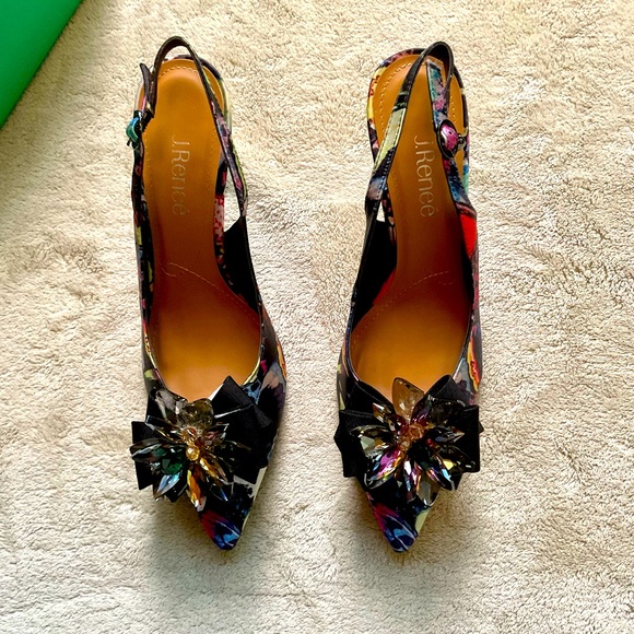 Beautiful J.Renee heels with jeweled flower top in multi color to match